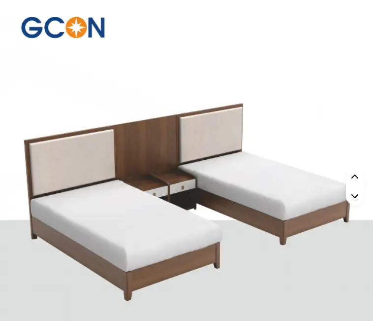 GCON GF-100 ชุดเตียงคู่สไตล์โมเดิร์นมินิมอล พร้อมโต๊ะข้างเตียงและหัวเตียงบุผ้า เตียงโรงแรม 1