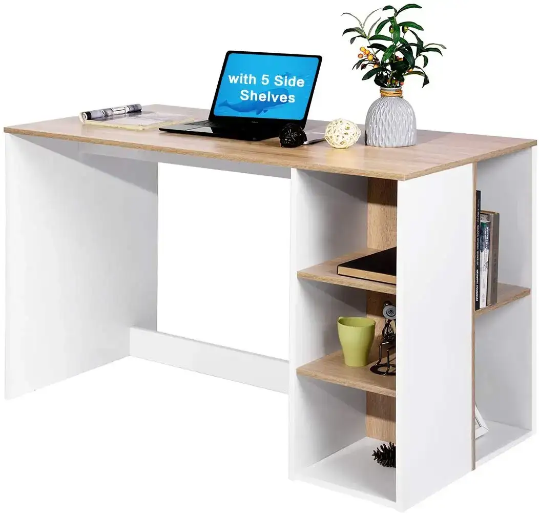 Schrijfcomputerbureau met opbergruimte, groot studentenstudiebureau met 5 planken Thuiskantoor Pc Laptoptafel Modern houten werkstation 1
