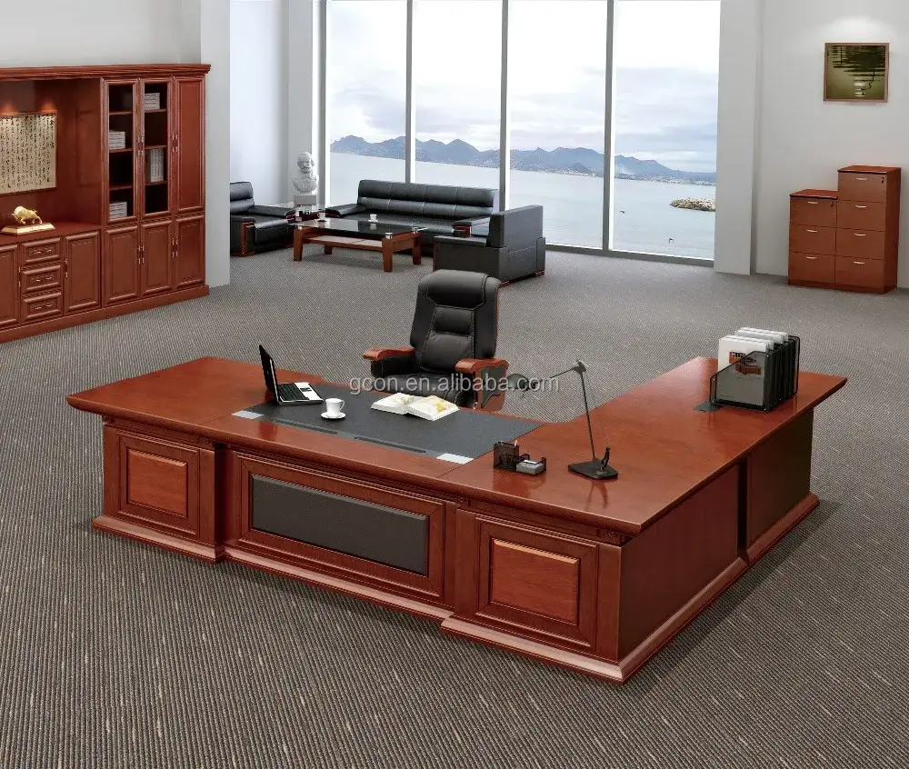 Scrivania direzionale moderna in legno di lusso a forma di L Ceo Boss Maneger con tavolino 1