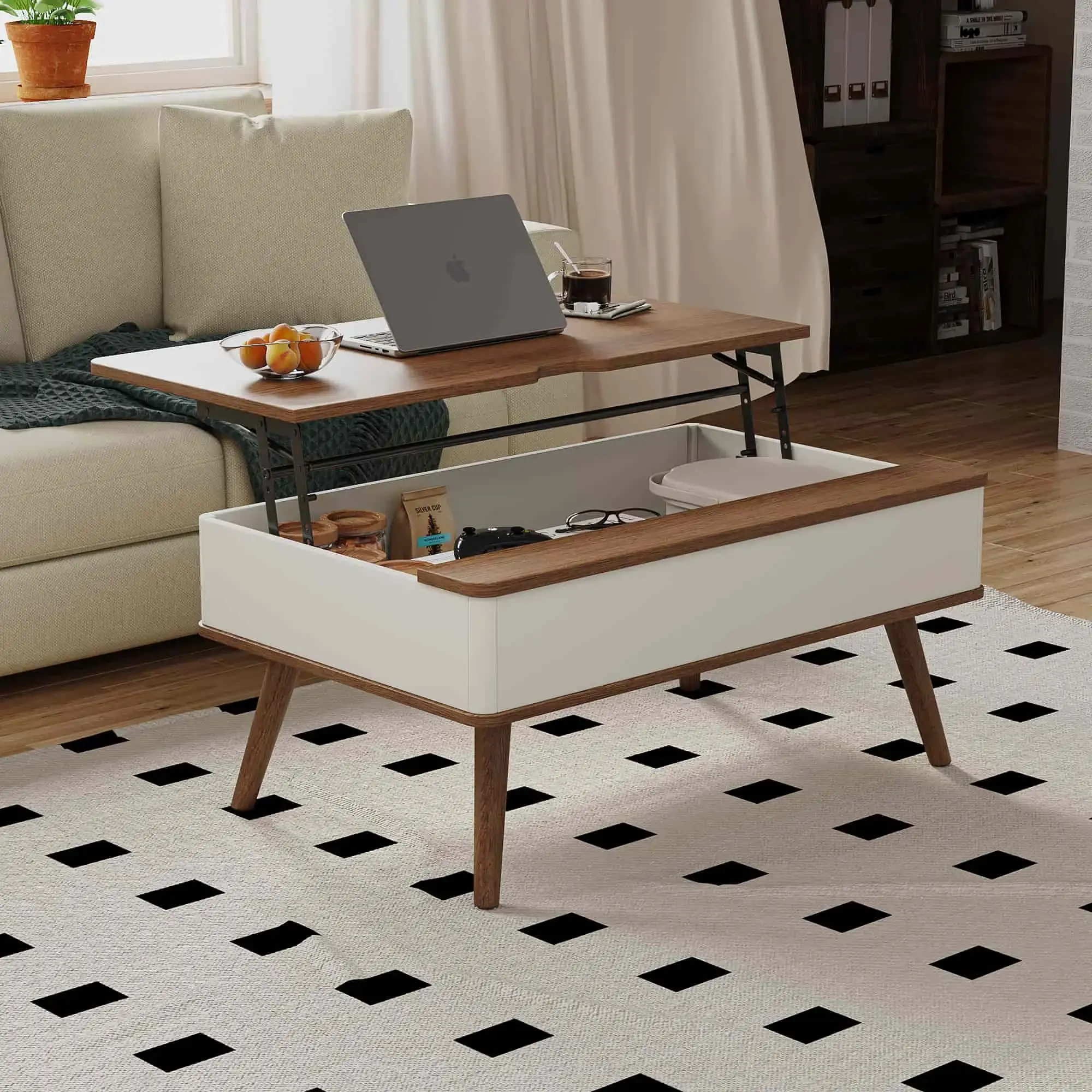 Lift Top Coffee Table With Storage,Wood Modern Center Table For Living Room,Walnut And White Small Space Home Furniture 1