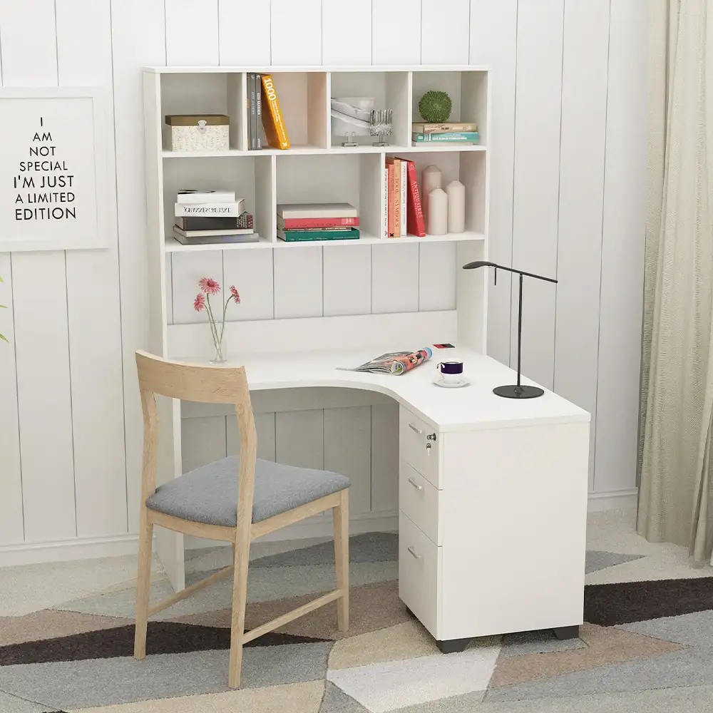 Escritorio de ordenador blanco en forma de L con estantería, mesa esquinera de madera de roble macizo con estanterías, muebles de oficina para el hogar 1