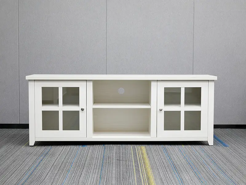 BLK-64 White Hotel TV Stand with Glass Door and Windowpane Overlay GCON Classic CARB P2 Panel Media Cabinet 1