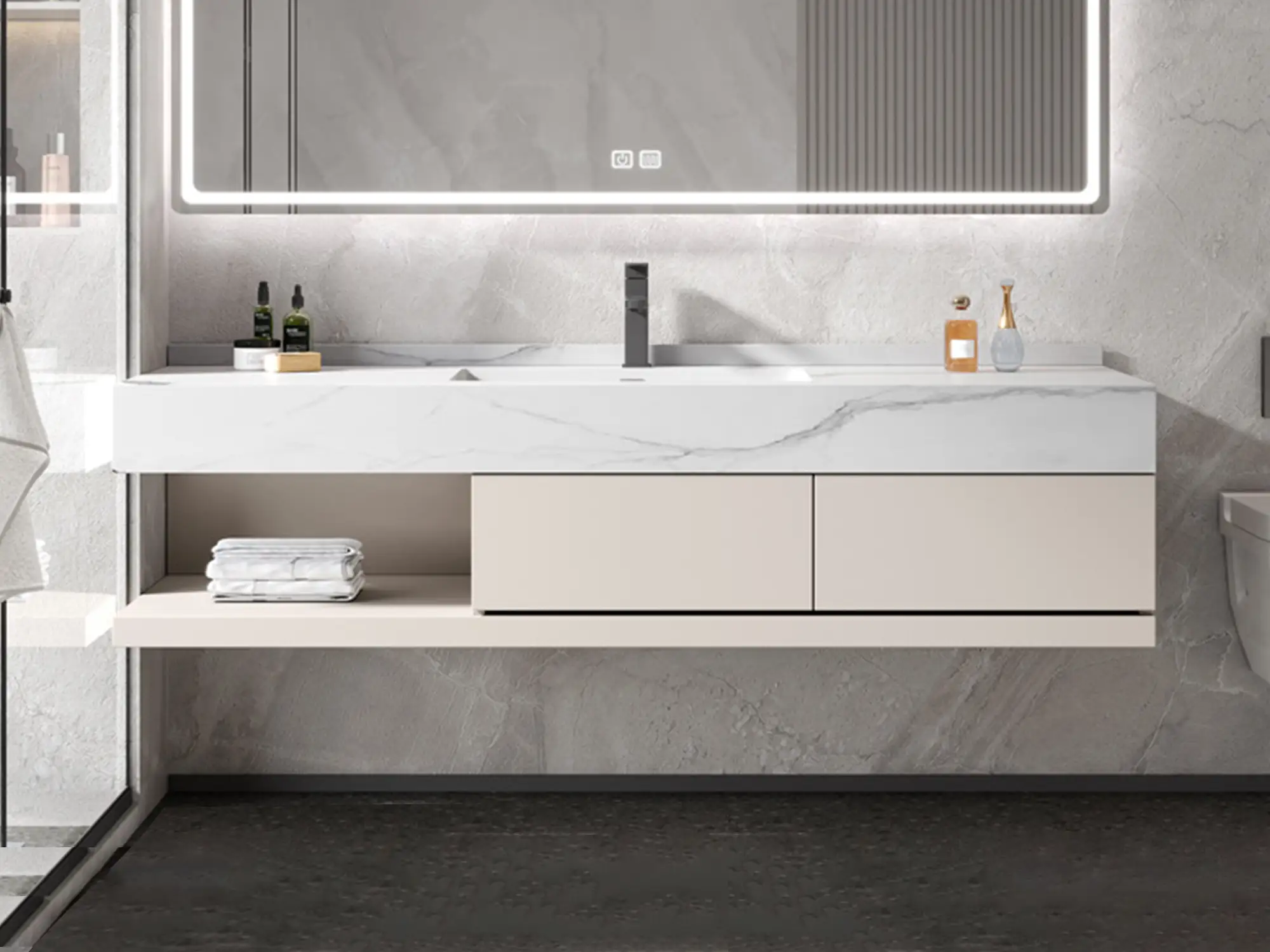 GCON Adr-BV-01 Wandmontierter Badezimmer-Waschtisch mit Hotelschublade und seitlichem Ablagefach 1
