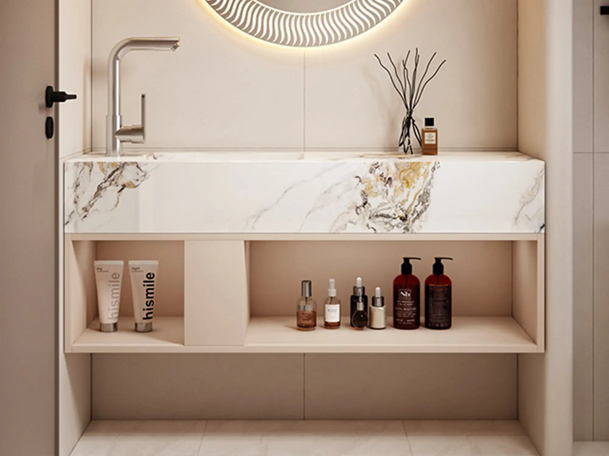 GCON Adr-BV-02 Small Space Hotel Bathroom Vanity with Side Faucet and Sectional Storage Shelf 1