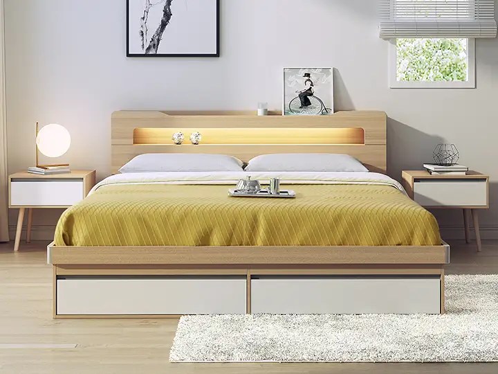 GCON GF-093 1.8m Hotel Room King Size Bed Frame with Storage Headboard and LED Strip 1