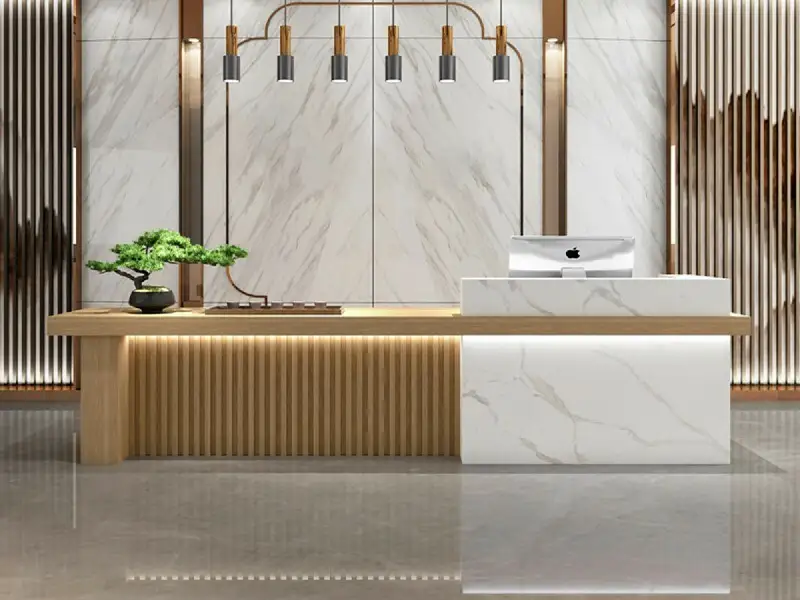 Adr-RT-02 Fluted Design Hotel Front Desk with Faux Marble Design GCON New Gen Wooden Reception Table 1