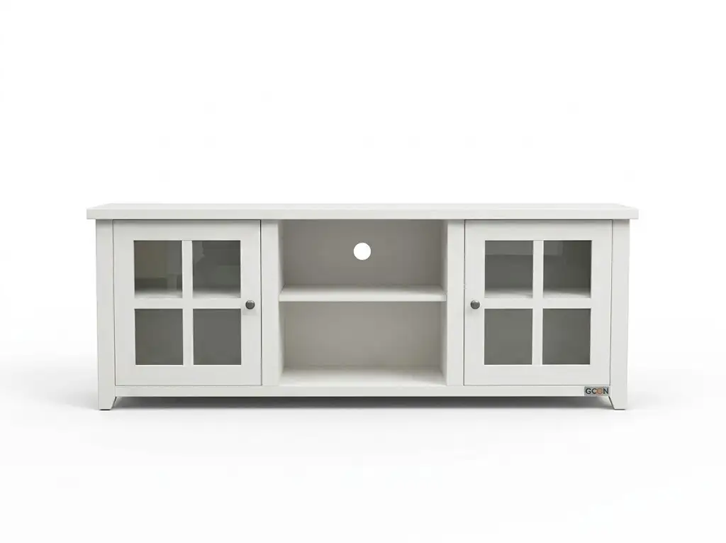 BLK-64 White Hotel TV Stand with Glass Door and Windowpane Overlay GCON Classic CARB P2 Panel Media Cabinet 1