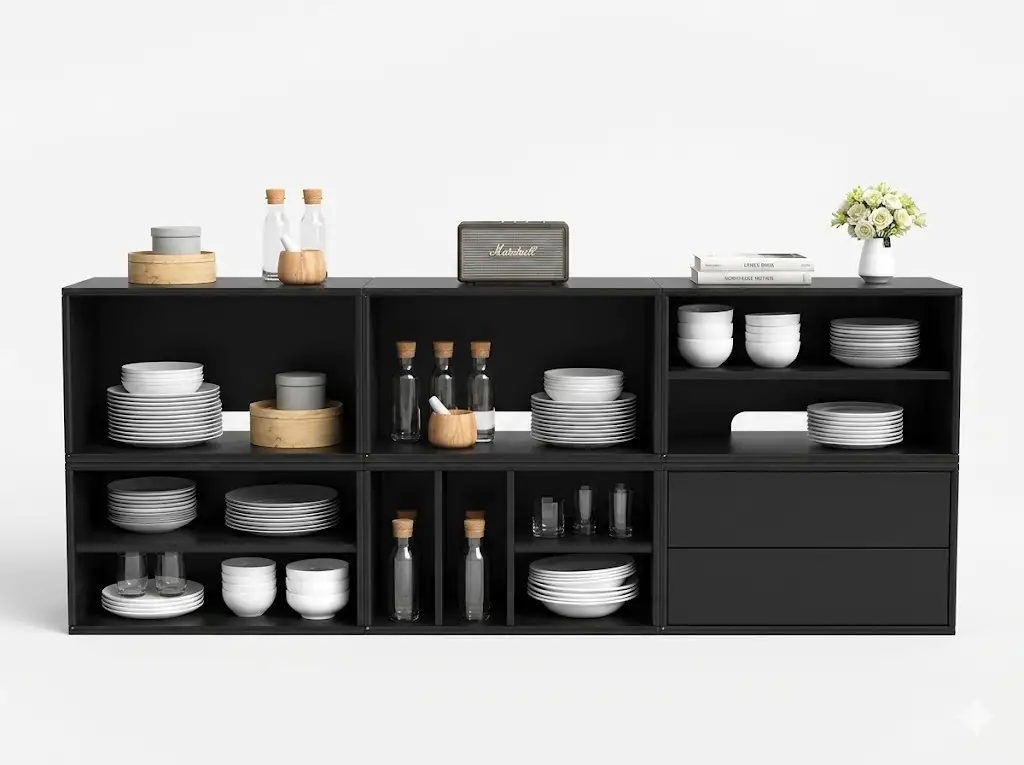 GCON Hotel Cabinets Black Stylish Shelves with Fluted Drawer Chests G-5200 Free Combination Modular Apartment Storage 1