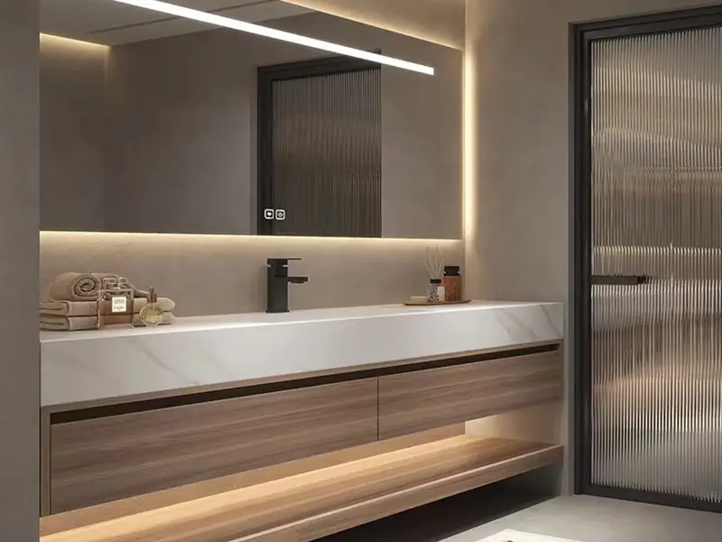 Wall-Mounted Hotel Bathroom Vanity with Thick Stone Tabletop, Two Drawers, and LED Strip Light Shelf - GCON Adr-BV-05 1